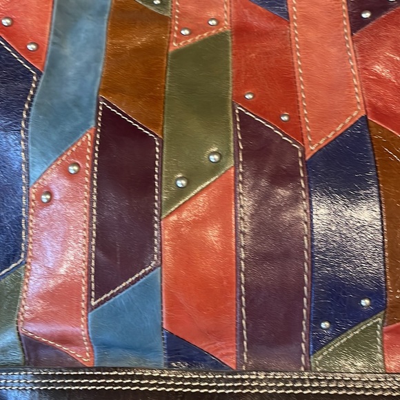EUC FOSSIL Leather Hobo Purse Shoulder Bag Patchwork Strips Red Purple Blue - Picture 2 of 8